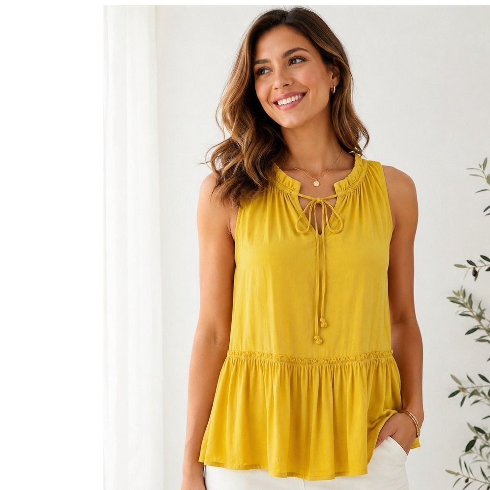 LOFT Women's Yellow Lace Up Tie Neck Sleeveless Peplum Blouse Top NWT Size Large - Picture 1 of 7